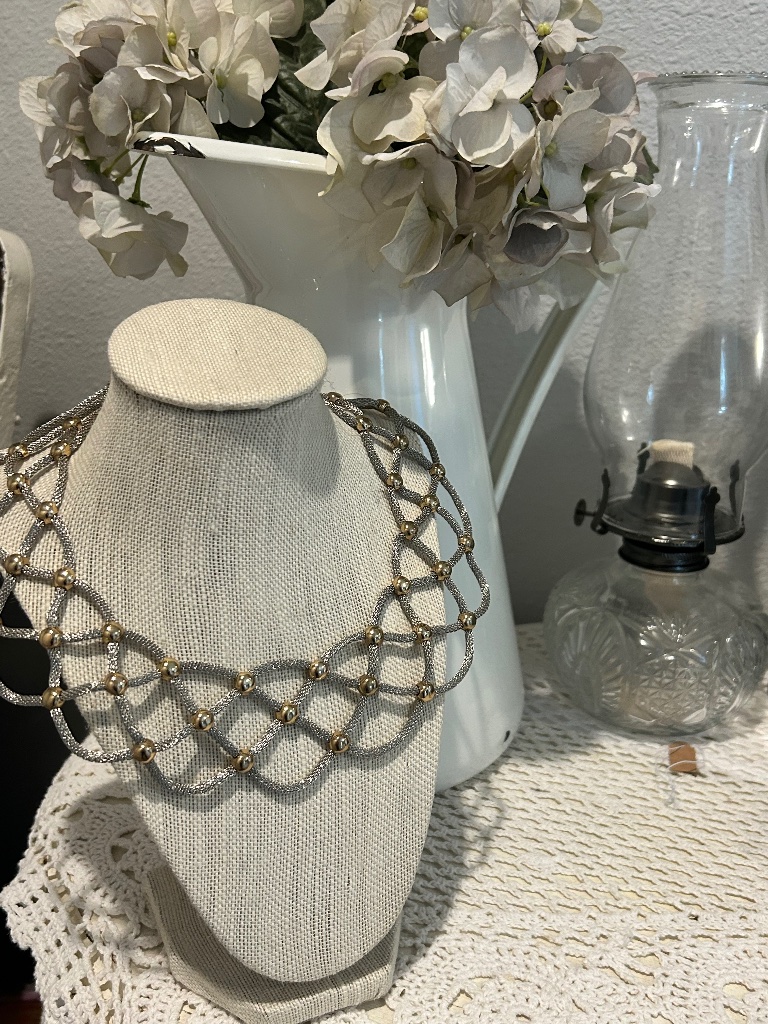 Vintage Mika Woven Gold And Silver Mesh Bibb Collar Necklace